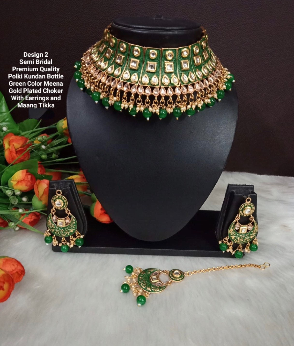 Premium Kundan Meena Gold plated choker set with Maang tikka