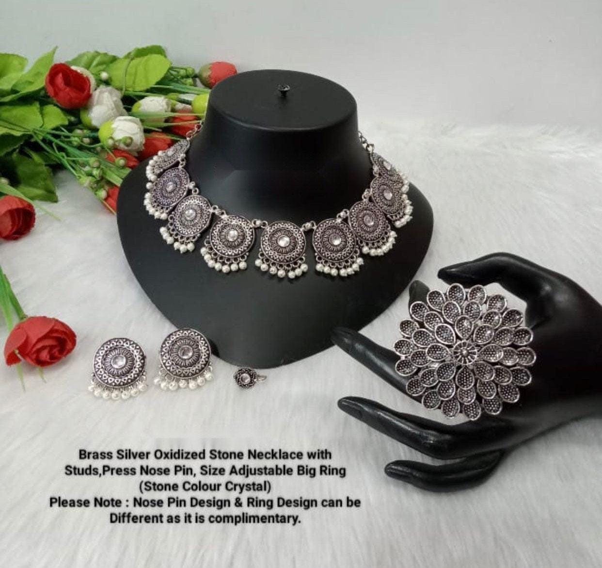 Oxidized Brass silver stone necklace set
