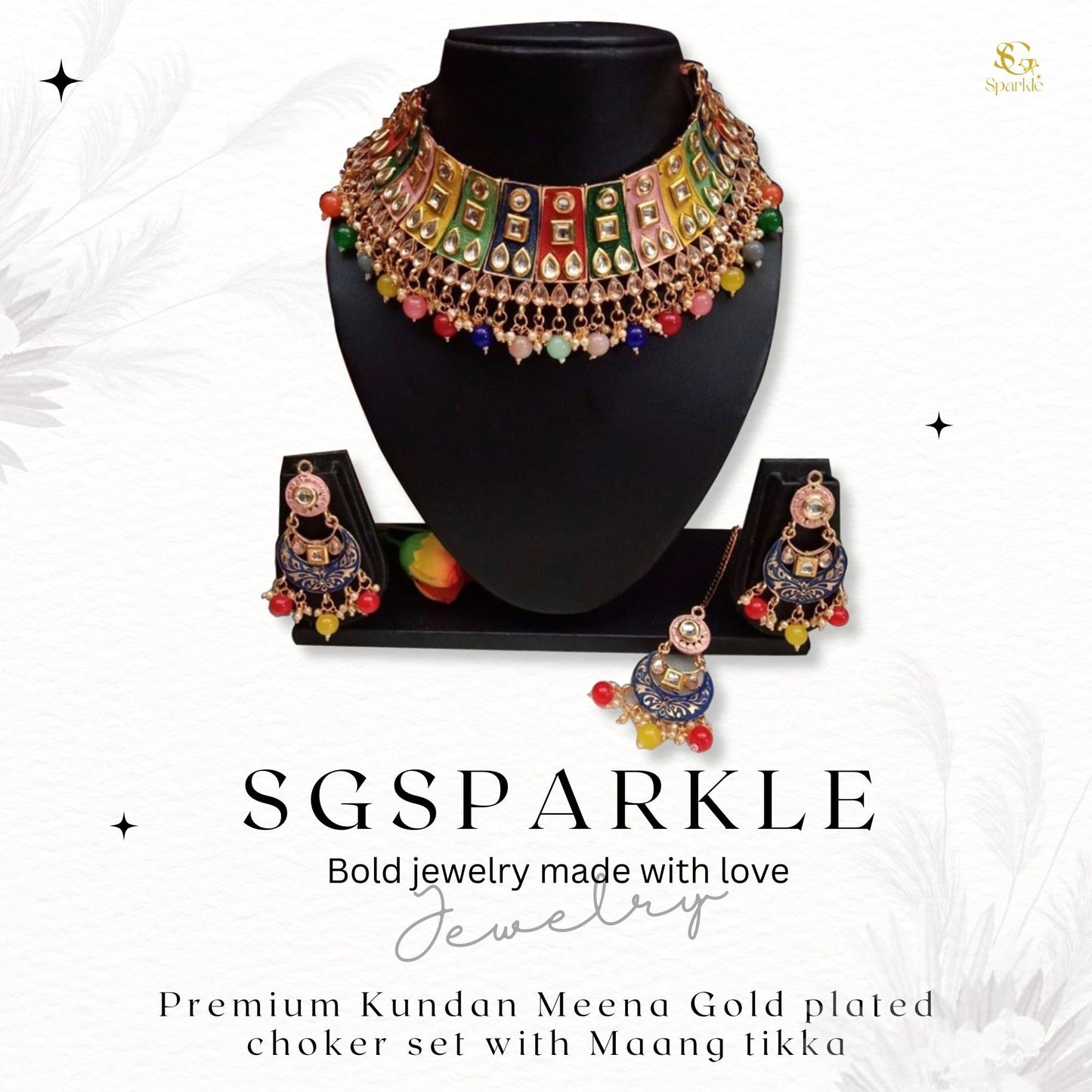 Premium Kundan Meena Gold plated choker set with Maang tikka