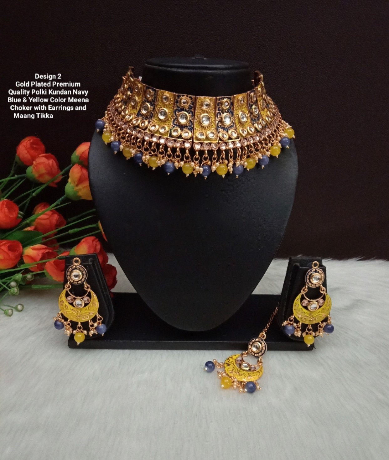 Premium Kundan Meena Gold plated choker set with Maang tikka