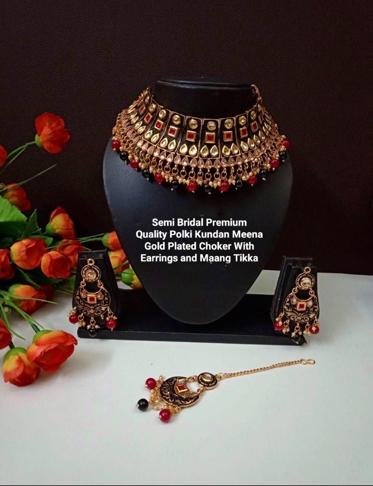 Premium Kundan Meena Gold plated choker set with Maang tikka