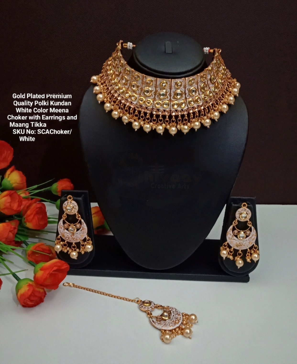 Premium Kundan Meena Gold plated choker set with Maang tikka