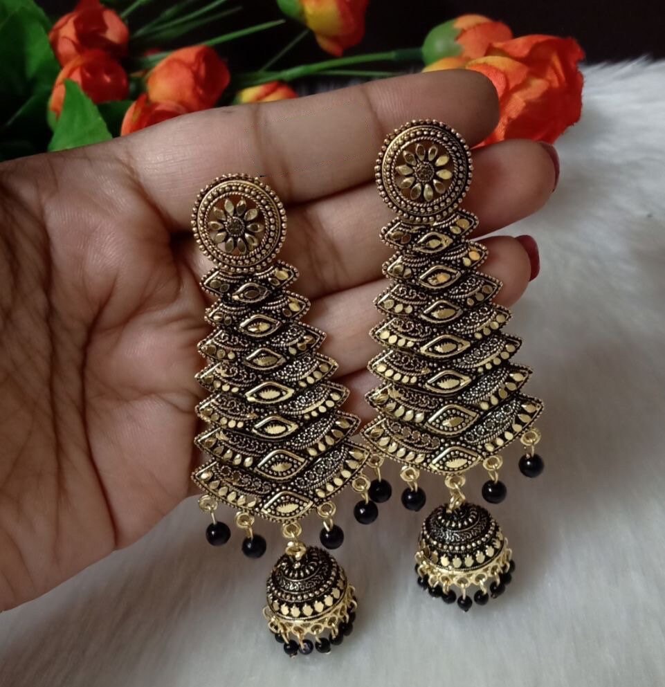 Antique jhumka with beads - Brass finish