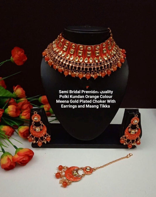 Premium Kundan Meena Gold plated choker set with Maang tikka