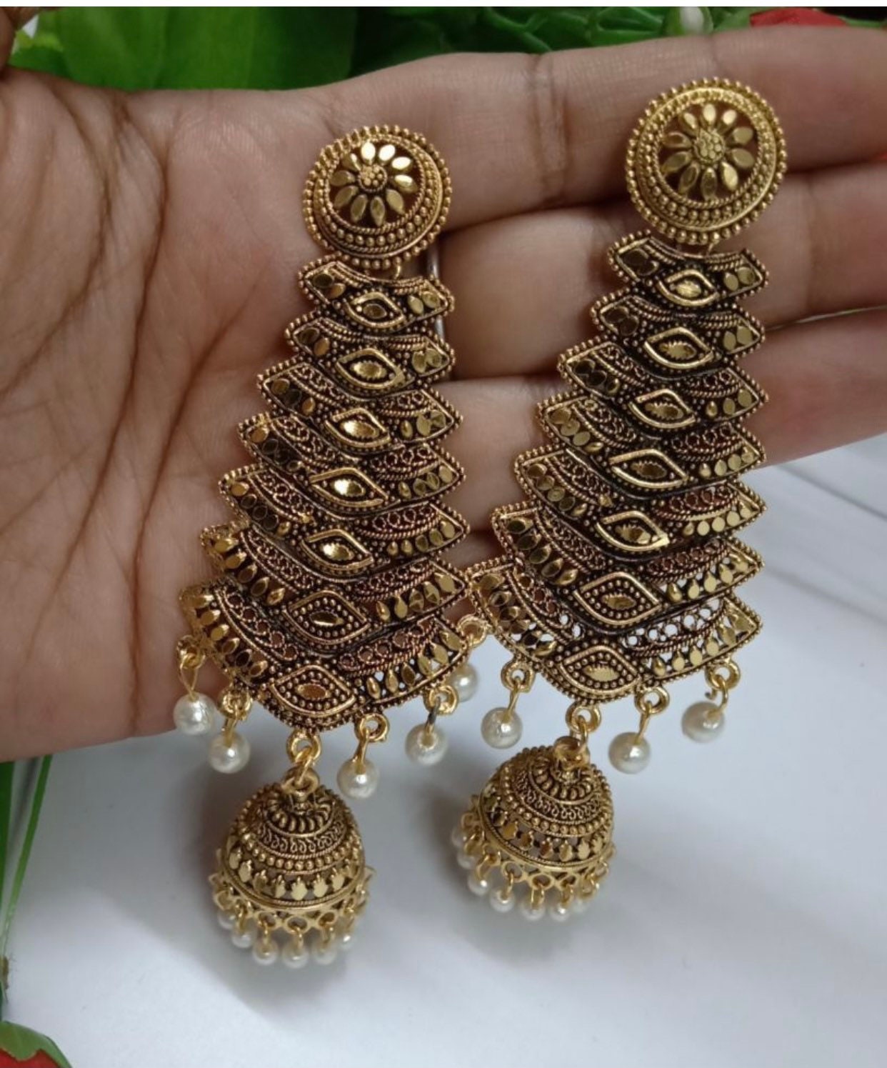 Antique jhumka with beads - Brass finish