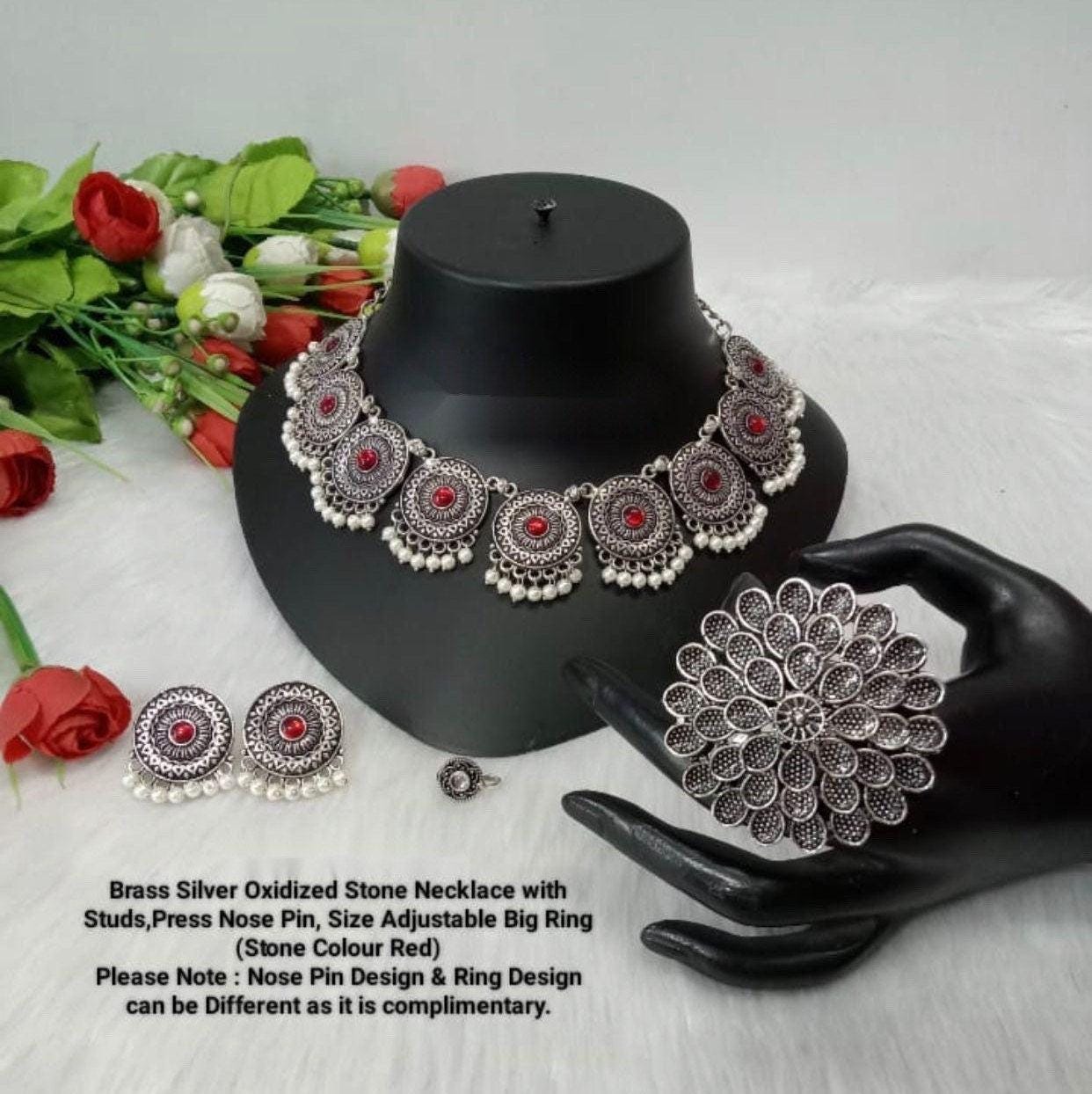 Oxidized Brass silver stone necklace set